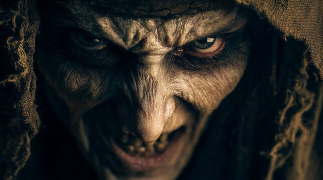 Dark fantasy closeup art portrait of an undead ghoul wearing tattered clothes w/ a sinister look on its face & sharp pointy teeth