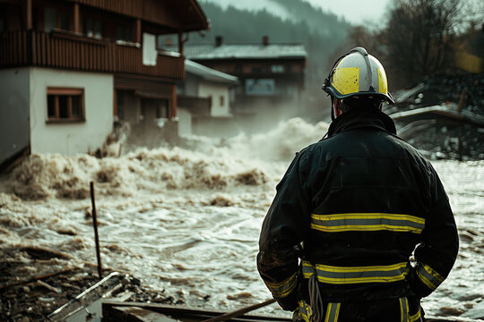 people of ai, flood in austria, firefighter from the back in uniform standing watching overflowing high water river destroying houses in the village, forest, mountains, climate, photorealistic, OeE