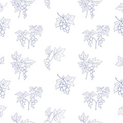Fototapeta premium Outline Currant Seamless Pattern. Summer Berry Branches with Leaves on White Background. Line Art hand-drawn Vector illustration 