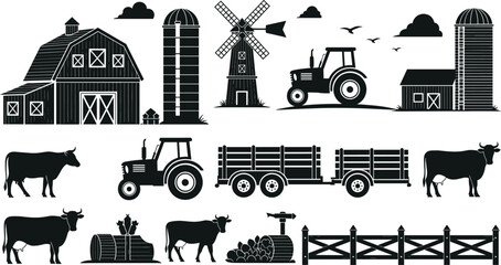 Silhouette Collection of Farm Buildings Animals and Equipment barn silo © Rasel