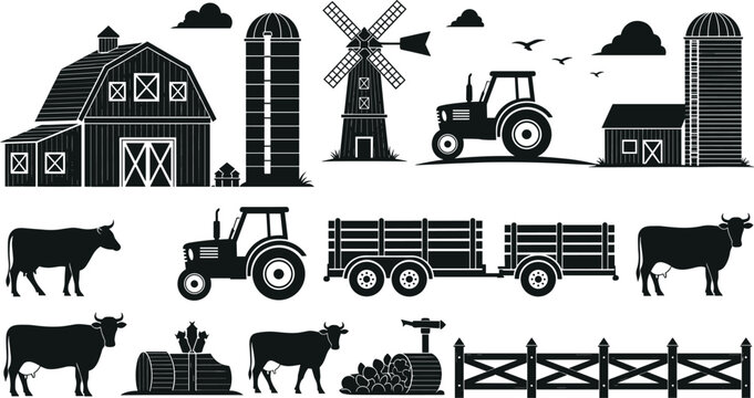 Silhouette Collection of Farm Buildings Animals and Equipment barn silo