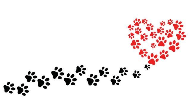 Dog Paw Prints Border with Red Hearts Background