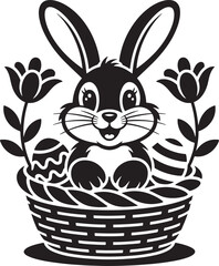 A charming black and white illustration of a bunny in a basket with tulips