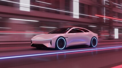 Obraz premium White futuristic electric car driving fast on a highway at night. Autonomous vehicle traveling with neon light trails. Advanced transportation concept.