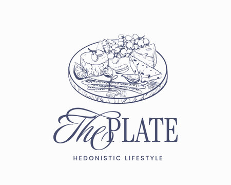 Wine and cheese food doodle sketch label with bread, grapes, olives and Italian food elements. Hand-drawn vintage vector line art for restaurant menu, party invitation, or charcuterie board design