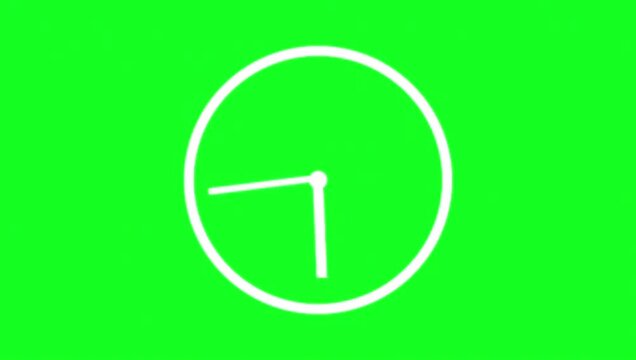 A clean, white clock face with moving hands against a vibrant green screen background, ideal for time-related concepts and easy compositing.