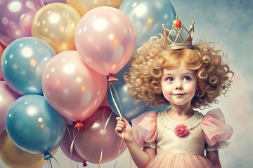 Beautiful birthday illustration. A little curly princess in a fluffy dress and crown with a bunch of balloons. A children's party.