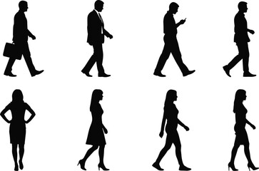 Obraz premium A collection of black silhouettes showing business women and people in motion and everyday activities