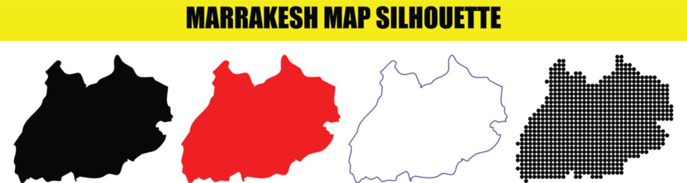 Marrakesh map silhouette set featuring black red stroke and halftone dot styles for Moroccan city travel design layouts