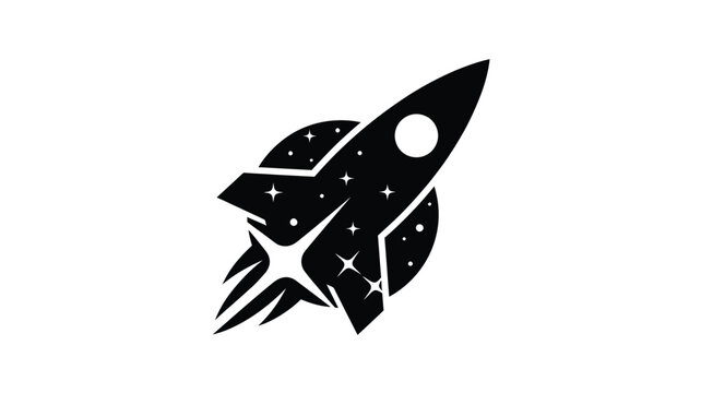 a striking black rocket launching upwards against a starry night silhouette