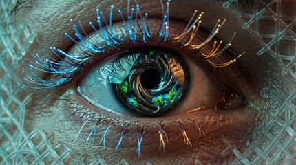 Extreme close-up of a futuristic cyborg eye with glowing fiber optic eyelashes, a metallic iris, and digital skin texture.