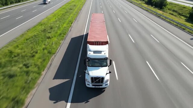 Expressway Freight Transit: A single semi-truck navigates a multi-lane expressway, carrying cargo towards its destination, set against a backdrop of clear skies and well-maintained roadways.