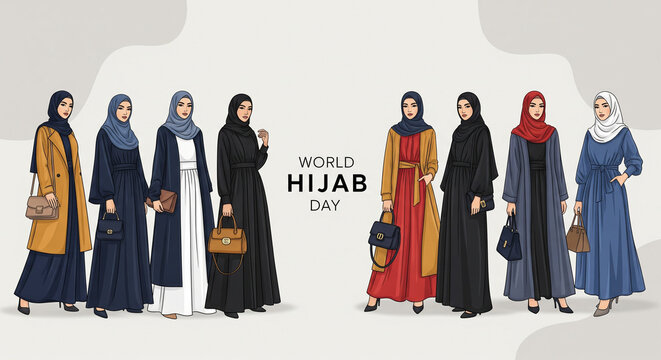 Hijab fashion illustration of stylish muslim women group celebrating world hijab day modern modest clothing diversity culture commercial use