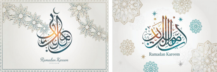 Naklejka premium Ramadan Kareem, Arabic calligraphy, Islamic design, Ramadan greeting, holy month, Kareem calligraphy, Ramadan Mubarak, Islamic art, Muslim celebration, fasting month, Ramadan poster, greeting card, sp