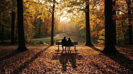 Siluetas de un hombre y una mujer en un banco del parque al atardecer dorado de oto&ntilde;o, con largas sombras entre un bosque tranquilo. Escena rom&aacute;ntica y serena.