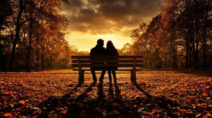 Siluetas de un hombre y una mujer en un banco del parque al atardecer dorado de oto&ntilde;o, con largas sombras entre un bosque tranquilo. Escena rom&aacute;ntica y serena.