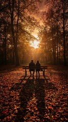 Siluetas de un hombre y una mujer en un banco del parque al atardecer dorado de oto&ntilde;o, con largas sombras entre un bosque tranquilo. Escena rom&aacute;ntica y serena.