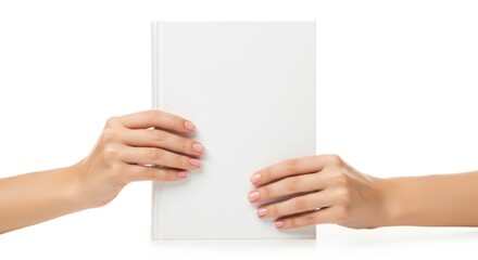 Two hands exchanging blank white book cover in studio against white background