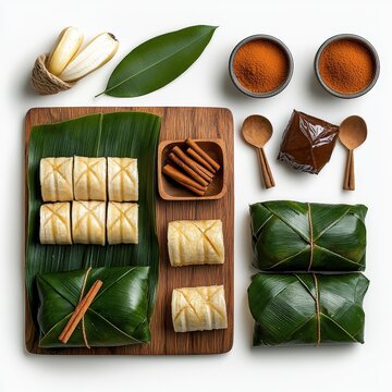 Overhead shot showcases beautifully arranged Philippine sweets suman sa lihiya, with brown sugar, cinnamon sticks, and banana leaves creating an inviting composition.