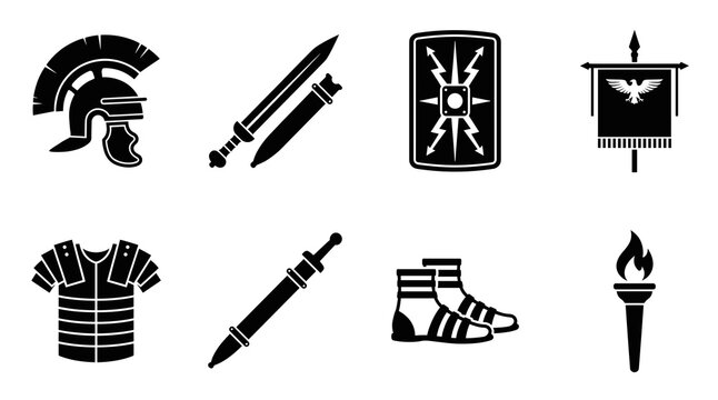 Collection of black silhouette icons representing ancient Roman military gear featuring a centurion helmet gladius sword scutum shield lorica armor vexillum banner sandals and fire torch
