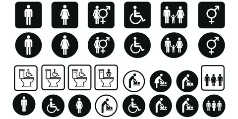 Black and White Icons for Restrooms, Gender, Family, and Accessibility Features symbol pictogram