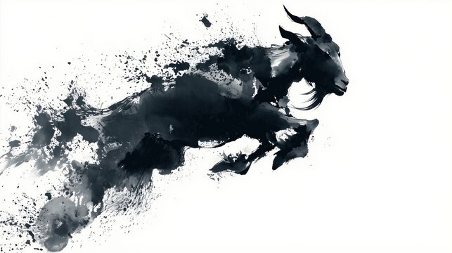 Chinese ink painting silhouette of leaping goat in sumi-e style for lunar new year zodiac celebration