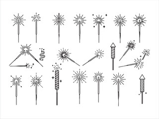 Collection of fireworks sparklers isolated on white background