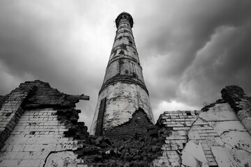 ruined factory smokestack against stormy sky with cracked bricks