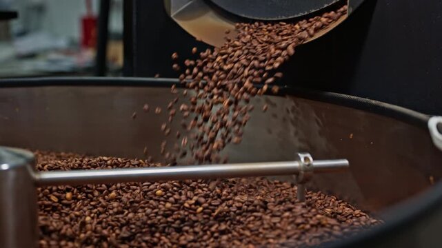 Slow motion footage shows roasted coffee beans flowing from an industrial roaster into a cooling tray. Beans scatter and settle while the agitator distributes them evenly during the cooling process.