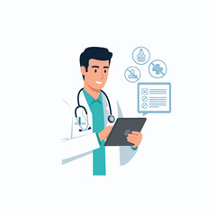 Doctor holding tablet with medical icons and prescription.