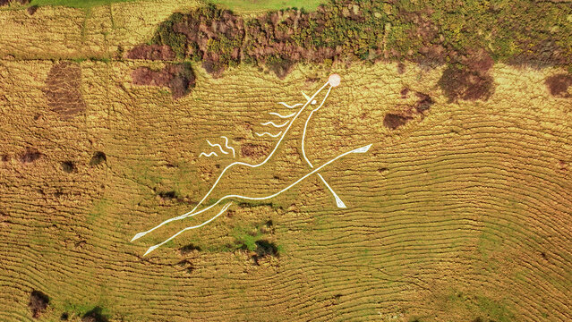 Aerial view of The Folkestone White Horse gleams brilliantly against the undulating green and brown fields on Cheriton Hill, Folkestone, England, United Kingdom.