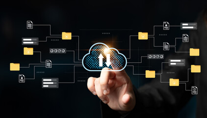 A close-up view of a hand touching a digital cloud icon with an arrow, representing data transfer and connectivity among multiple folders in a modern tech environment. Gantry