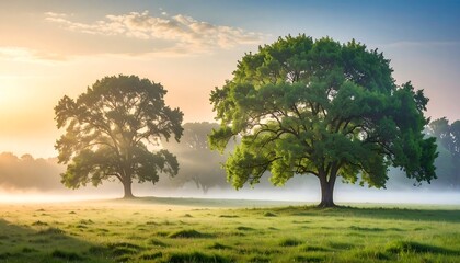 Fototapeta premium Golden Sunrise Illuminating Majestic Trees in a Serene Meadow.