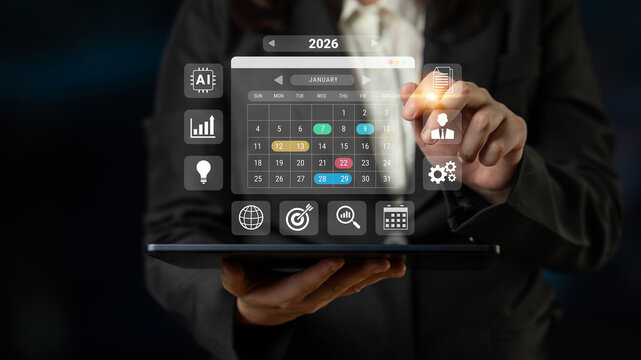2026 calendar interface surrounded by AI, data, and business icons representing scheduling, planning, and productivity management Parse - Powered by Adobe