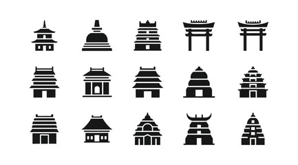 Fototapeta premium Collection of stylized Asian architectural icons representing traditional temples, pagodas, and gates