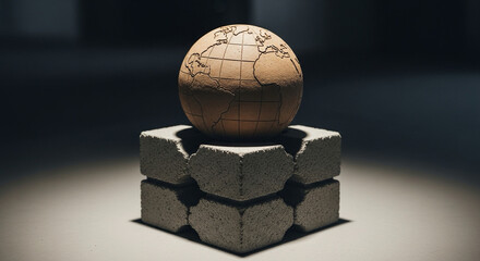 Clay globe resting on shared foundation blocks, minimal lighting.