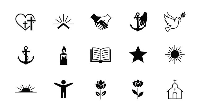Clean vector icon set for spiritual and religious themes, featuring Christian symbols of faith, hope, and love like the cross, dove, and anchor, perfect for diverse design applications