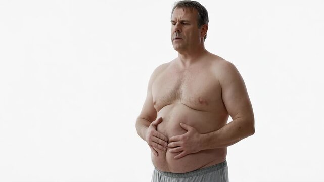 Fat man with a big belly worries about his body on white background. Fat man has excess fat on a white background. Concept of unhealthy body need to figure out. Men at risk for diabetes Belly fat. Obe