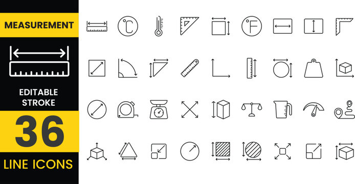 Measurement Line Icon Set. Pixel perfect and Outline Editable Stroke Icons collection for Scale, Ruler, Weight, Length, Height, Dimension, Size, Volume, Metrics, Precision, Calculation