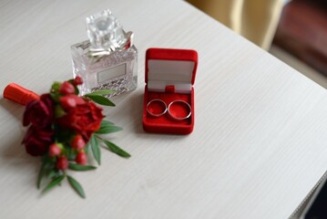 wedding accessories. perfume boutonniere and rings
