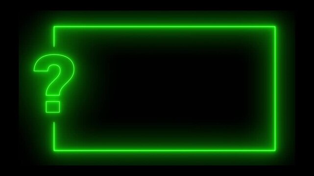 Neon glowing question mark sign along with rectangle frame on black background. Question mark with rectangle frame on glowing neon line on black background.