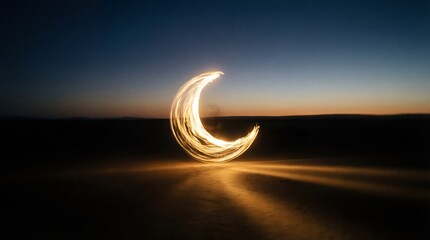 A golden crescent moon shape, created by light painting and long exposure, glows mysteriously against the dark twilight sky.