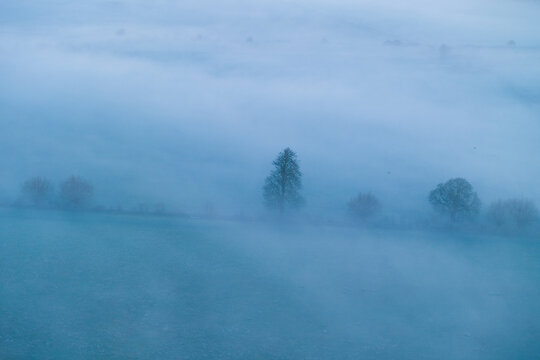 Aerial view of the hazy landscape where the trees are barely visible through the thick fog, Wittenham Clumps, Oxfordshire, England.