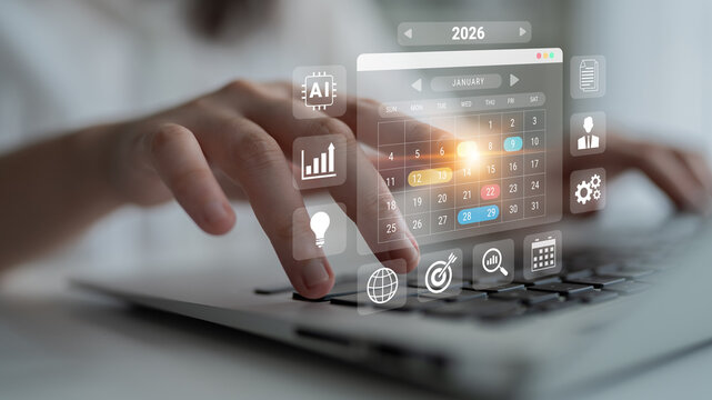 2026 calendar interface surrounded by AI, data, and business icons representing scheduling, planning, and productivity management Parse - Powered by Adobe