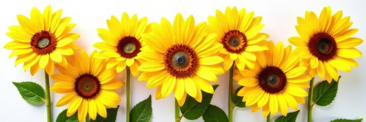 Obraz premium Seven sunflowers arranged in a circular pattern on white , cheerful, seeds