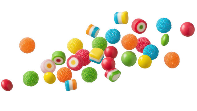 Colorful assortment of gummy candies floating in the air on transparent background