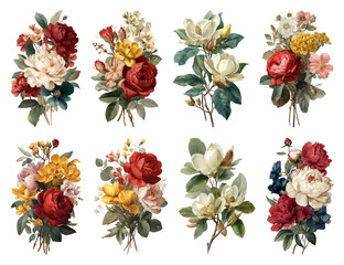 PNG Vintage floral bouquet illustrations, element set on transparent background