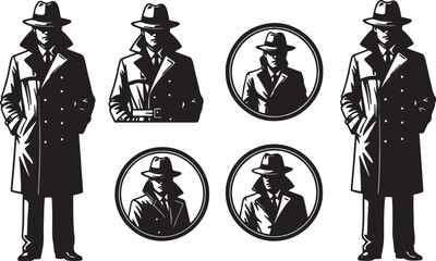 Obraz premium Black and white of men in trench coats and hats standing with arms crossed and circular portraits also transparent background 1