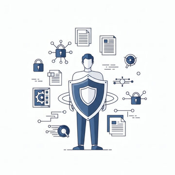 Digital Fortress: A stalwart figure stands firm, a shield of security protecting sensitive data and digital assets, symbolizing the integrity of a modern, interconnected world.