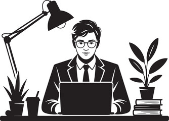 A focused professional man works diligently on his laptop at a desk with plants